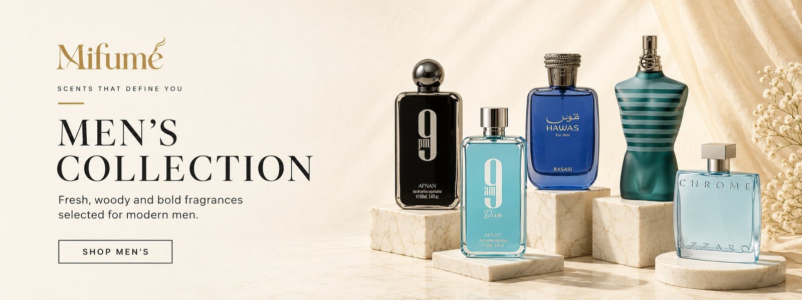 Men's fragrances at Mifumé — Azzaro Chrome, Jean Paul Gaultier and Rasasi Hawas