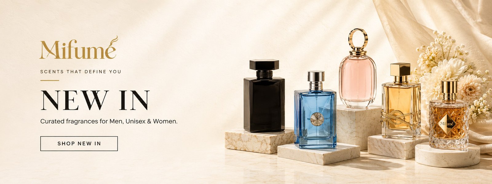 New arrivals at Mifumé — Afnan, Kayali and Lattafa eau de parfum on marble plinths