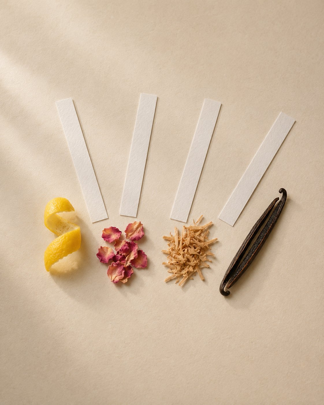Fragrance blotter strips laid out with citrus peel, rose, cedar and vanilla