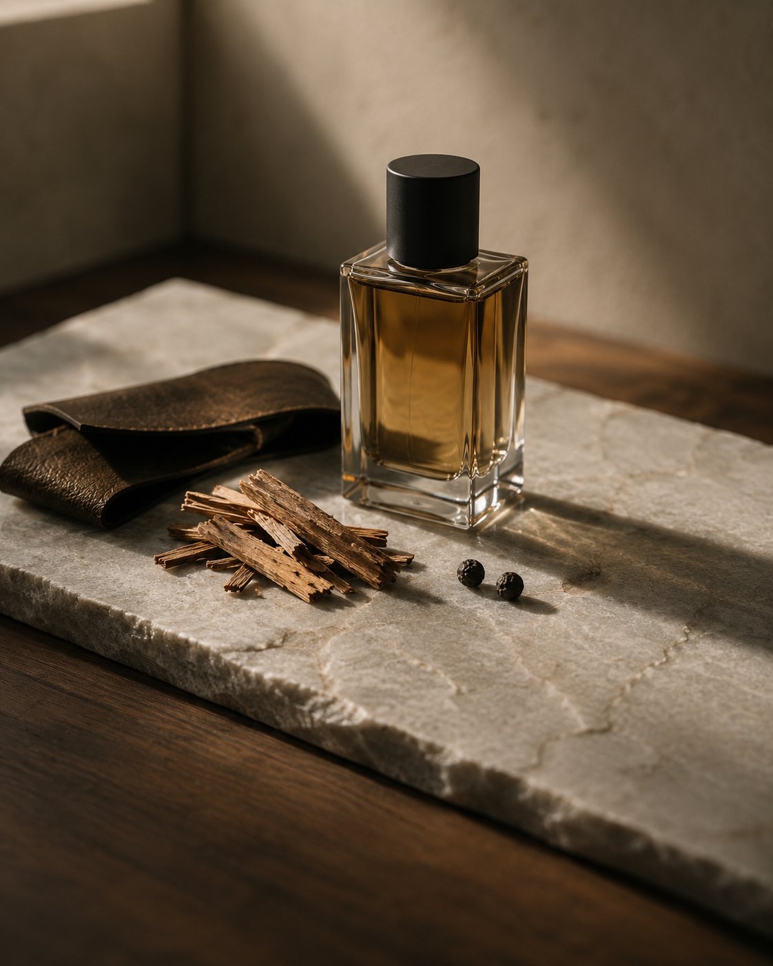 Amber perfume bottle on pale slate with cedar shavings and dark leather