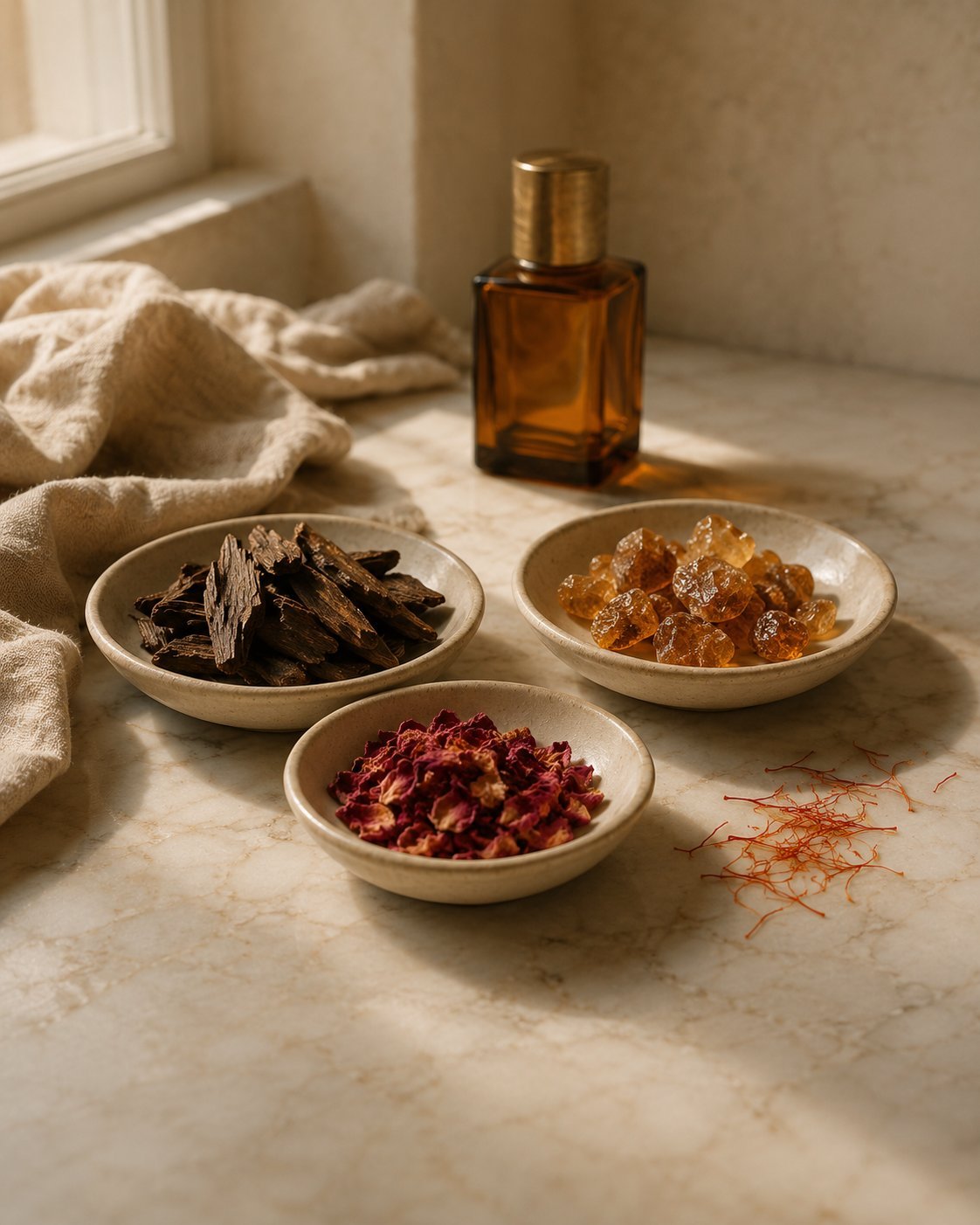 Oud wood, amber resin and dried rose petals in ceramic dishes on cream marble