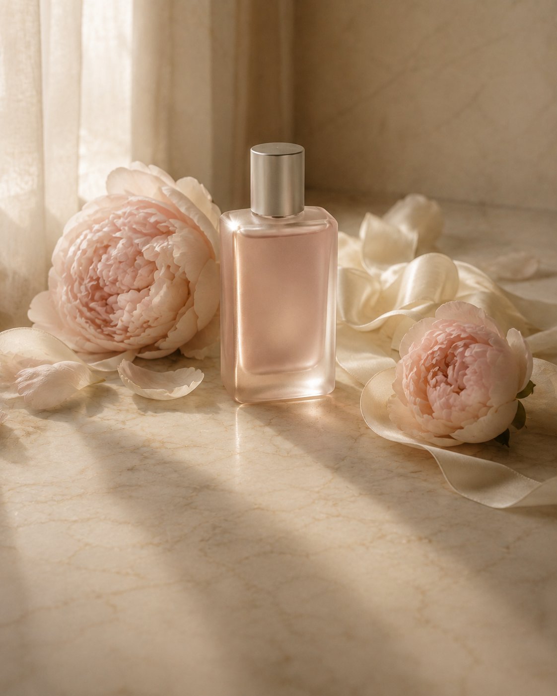 Frosted glass perfume bottle with pale peonies and silk on cream marble